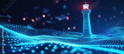 Futuristic lighthouse in a digital landscape 3D illustration showcasing evolving technology and its potential to guide innovation and leadership