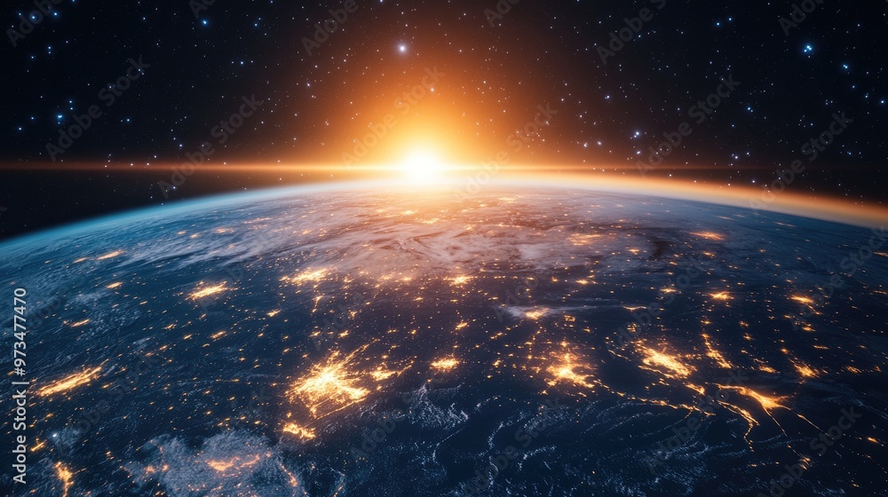 A 3D illustration depicting a model of Earth with a sunset view showcasing digital communication and travel concepts through an international network A 3D illustration depicting a model of Earth with a sunset view showcasing digital communication and travel concepts through an international network