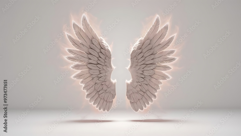 Obraz premium Pair of isolated angel wings with 3D feathers on white background, 3D Illustration, 3D Rendering