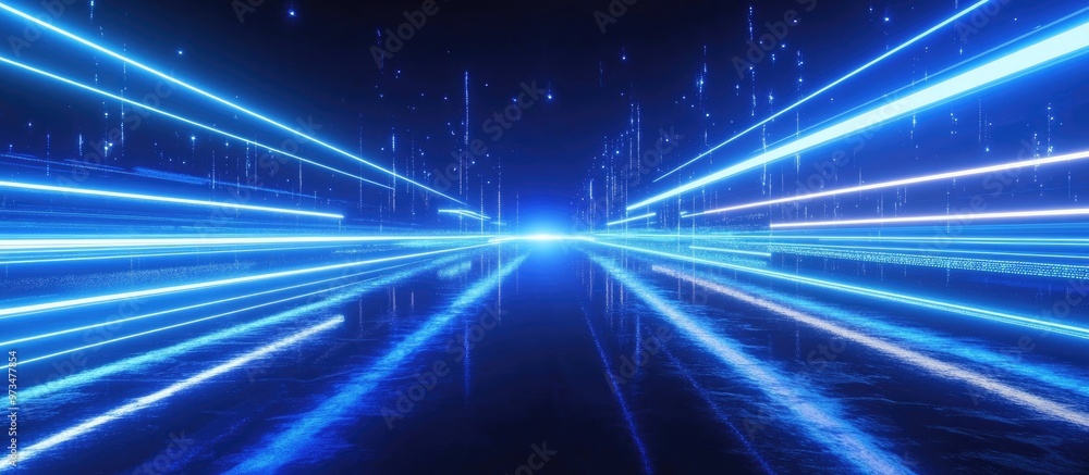 Blue neon stripes and light flashes Horizontal laser beams create stunning reflections against a dark backdrop showcasing glowing lines Blue neon stripes and light flashes Horizontal laser beams create stunning reflections against a dark backdrop showcasing glowing lines
