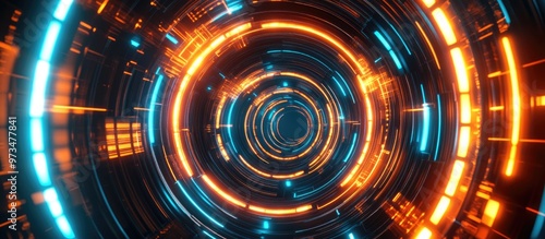 Cyan and orange light rays in a circular geometric space featuring neon radial lines as a vibrant background design