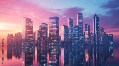 City skyline at dusk with modern architecture and vibrant lights