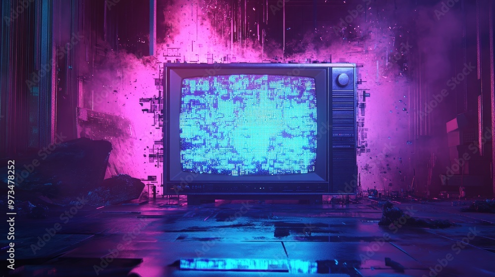 Glitch art featuring an LED analog TV test with a textured screen and a supernatural backdrop Glitch art featuring an LED analog TV test with a textured screen and a supernatural backdrop