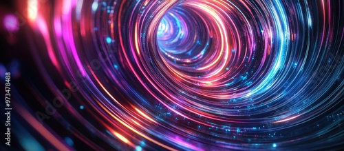 Abstract neon circular lines in a space setting featuring a contemporary 3D rendered background and vibrant computer generated visuals