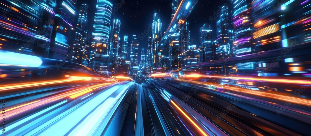 3D rendering showcasing warp speed in a futuristic hyperloop with blurred lights from urban structures at night Represents next generation technology fintech big data and advanced networks 3D rendering showcasing warp speed in a futuristic hyperloop with blurred lights from urban structures at night Represents next generation technology fintech big data and advanced networks