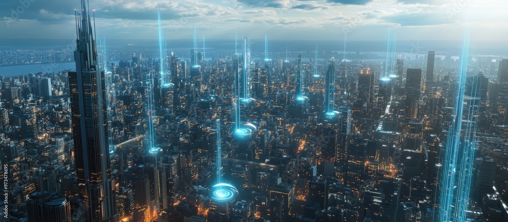 Smart city concepts with advanced communication networks featuring 5G technology and Low Power Wide Area LPWA wireless connectivity Smart city concepts with advanced communication networks featuring 5G technology and Low Power Wide Area LPWA wireless connectivity