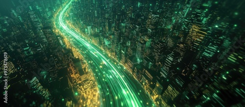 Dynamic dark abstract cityscape featuring a luminous green light trail traversing through it viewed from an aerial perspective 3D Illustration