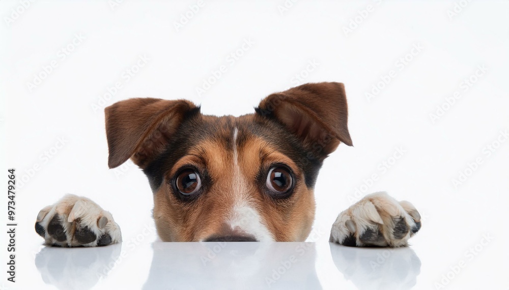 Hidden dog looks out, isolated against white. Hidden dog looks out, isolated against white.