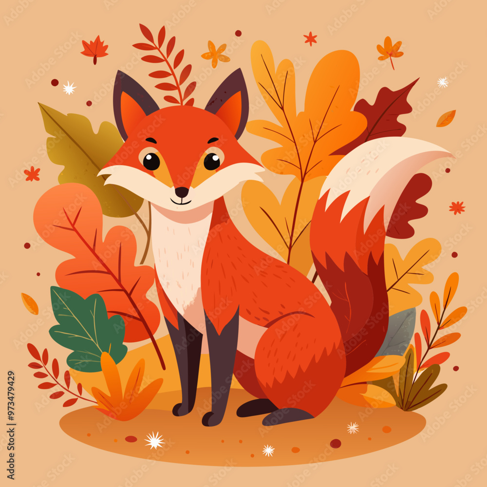 Obraz premium Fox on a background of leaves, autumn illustration 