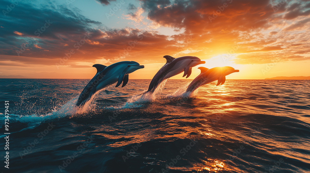 Trio of Dolphins Soaring Across Golden Ocean at Twilight Trio of Dolphins Soaring Across Golden Ocean at Twilight