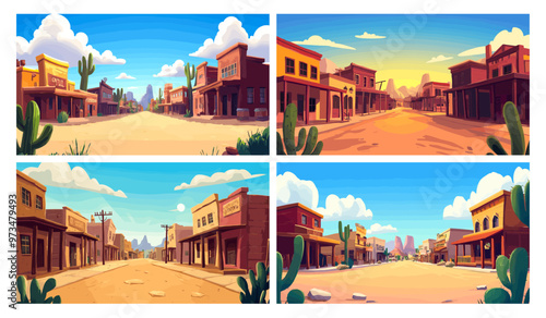Wild west city cartoon background. Western street game landscape, old american cowboy town in mexican desert texas arizona vintage rustic mexico scene vector illustration