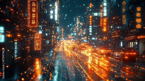 Neon Lights Cityscape, Futuristic Cyberpunk City Street at Night