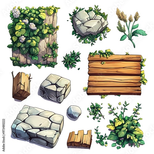 Top down view of various game assets for a fantasy or nature themed game. This set includes stone, wood, and plant sprites photo