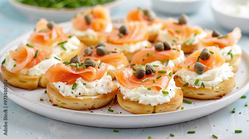 Salmon and cream cheese canapés topped with capers on mini blinis. Studio food photography on a light blue background. Design for catering, menu, or appetizer banner.
Salmon and cream cheese canapés topped with capers on mini blinis. Studio food photography on a light blue background. Design for catering, menu, or appetizer banner.
