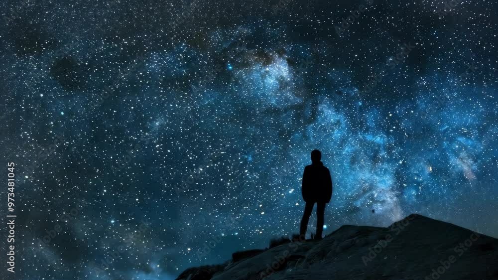 A person gazes at the starry night sky while standing on a rocky hillside under bright constellations A person gazes at the starry night sky while standing on a rocky hillside under bright constellations
