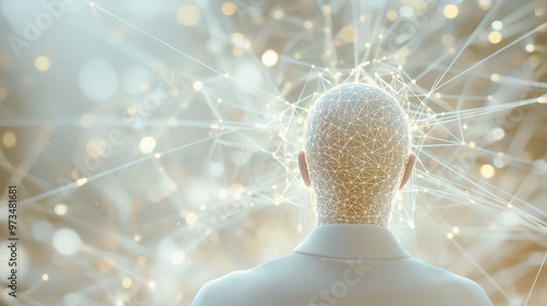 super intelligence in a holy, radiant pearl white, adorned with elaborate gold wiring. The scene features dazzling geometrical photons emanating from the intelligence, creating a b photo