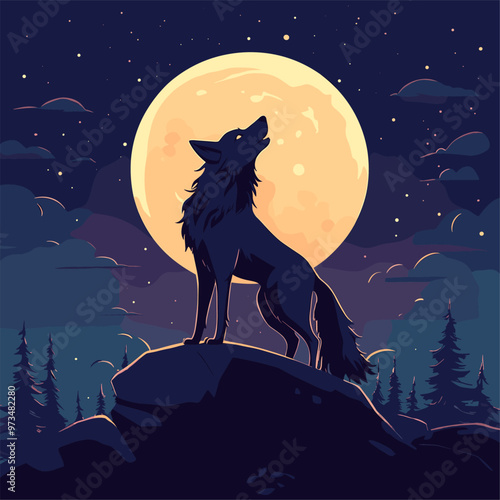 Wolf howls at moon. Howling wild dog or werewolf silhouette against full moon night cliff in forest, wildlife animal midnight moonlight mystic cartoon background vector illustration