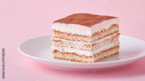 Tiramisu layered dessert dusted with cocoa powder on a white plate. Studio food photography on a pastel pink background. Design for bakery, poster, or dessert menu.