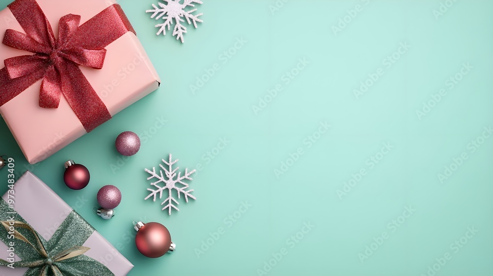 Festive Christmas Gift Boxes & Ornaments on Teal Background Festive Christmas Gift Boxes & Ornaments on Teal Background