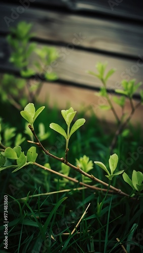 Green leaves on twigs, sward and wooden planks background