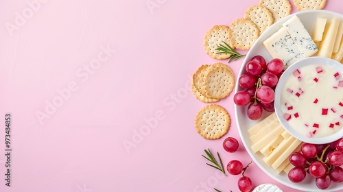 Cheese platter with crackers, grapes, and assorted cheeses arranged in a circular pattern on a pink background. Studio food photography with copy space. Design for catering, poster, or banner.