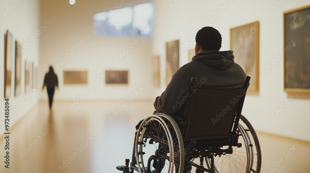 scene where disabled visitors are actively exploring and appreciating art in a gallery or museum. Highlight accessible features, such as ramps or tactile guides, and capture the vi scene where disabled visitors are actively exploring and appreciating art in a gallery or museum. Highlight accessible features, such as ramps or tactile guides, and capture the vi