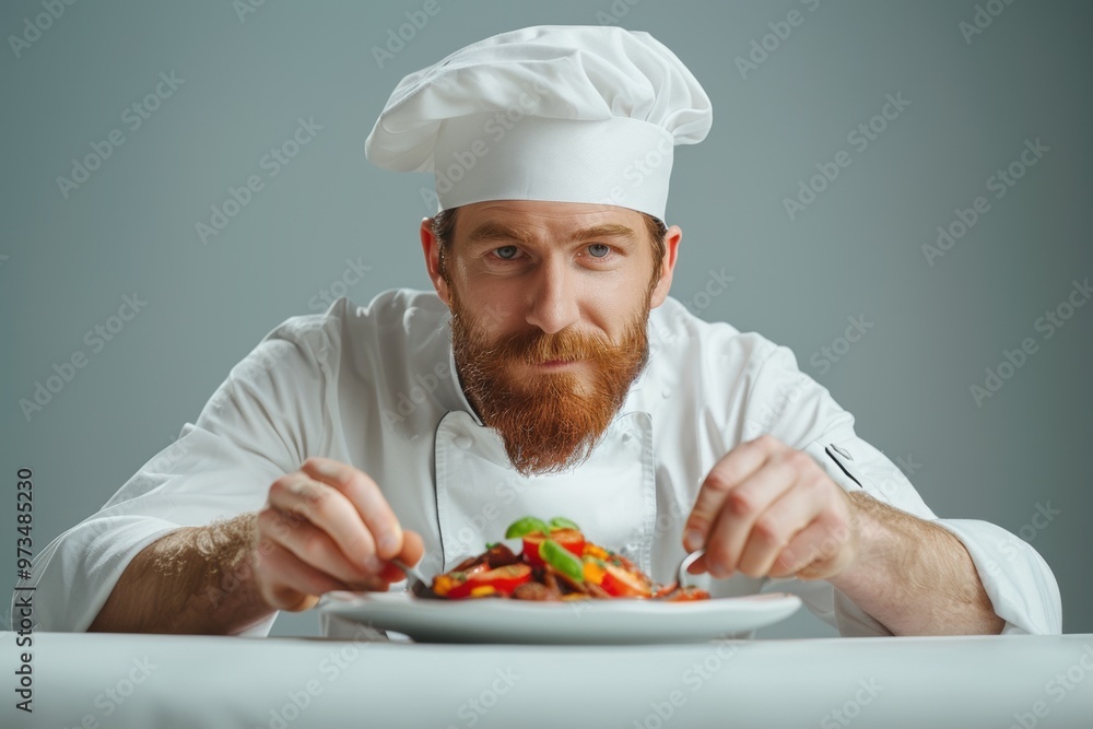 Chef carefully plating a gourmet dish in an elegant kitchen during a culinary workshop Chef carefully plating a gourmet dish in an elegant kitchen during a culinary workshop