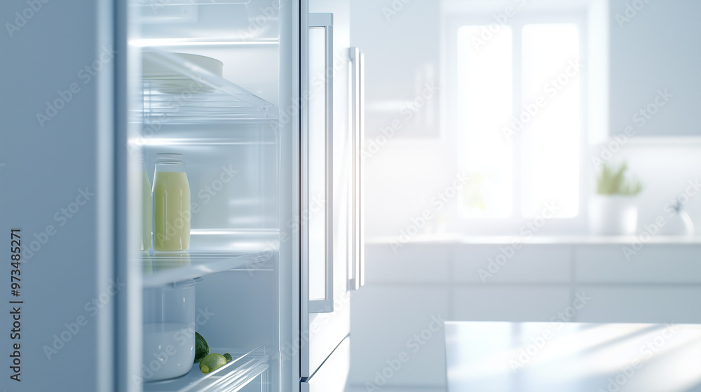 inside of a fridge with minimal contents, including a few scattered items such as a lone milk carton or a solitary vegetable. The emphasis is on the near-empty state of the fridge, inside of a fridge with minimal contents, including a few scattered items such as a lone milk carton or a solitary vegetable. The emphasis is on the near-empty state of the fridge,