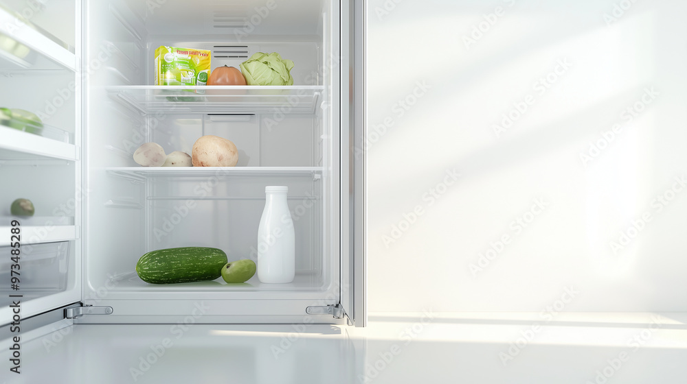 inside of a fridge with minimal contents, including a few scattered items such as a lone milk carton or a solitary vegetable. The emphasis is on the near-empty state of the fridge, inside of a fridge with minimal contents, including a few scattered items such as a lone milk carton or a solitary vegetable. The emphasis is on the near-empty state of the fridge,