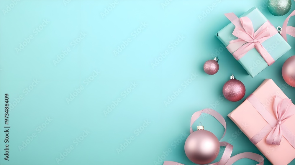 Fototapeta premium Festive Pastel Gift Boxes & Ornaments on Blue Background