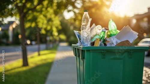 A green recycling bin filled with paper, plastic, and glass bottles, sitting on a suburban curb on a sunny day