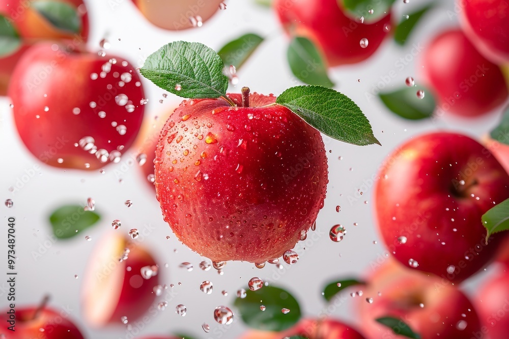 Apples and half slices suspended in the air with green leaves with water. Generative AI Apples and half slices suspended in the air with green leaves with water. Generative AI
