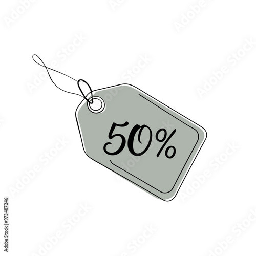 Hand-drawn discount tag showing fifty percent off on a white background, minimalist design
