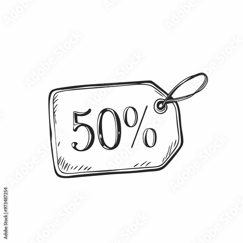 Hand-drawn discount tag displaying fifty percent off on a white background, simple sketch design
