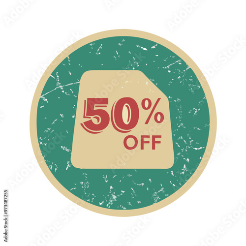 Vintage circular sale tag with fifty percent off text on a textured background, retro design
