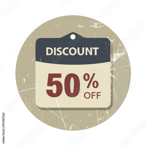 Vintage circular discount tag with fifty percent off text on a distressed background, classic design
