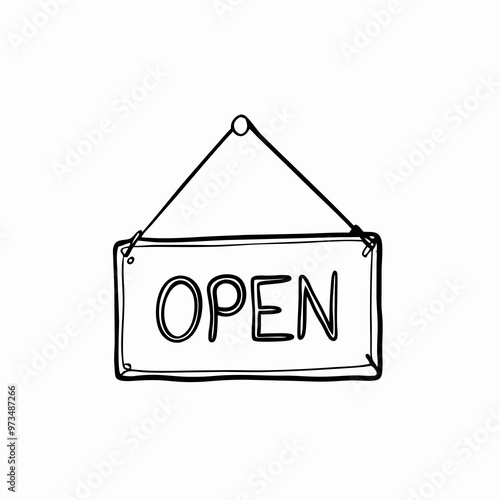 Hand-drawn open sign with hanging loop on a white background, simple minimalist design