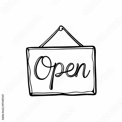 Hand-drawn open sign with hanging loop on a white background, minimalist design
