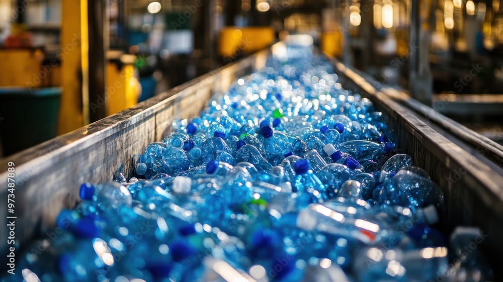 A recycling factory conveyor belt full of plastic bottles being sorted and prepared for processing A recycling factory conveyor belt full of plastic bottles being sorted and prepared for processing