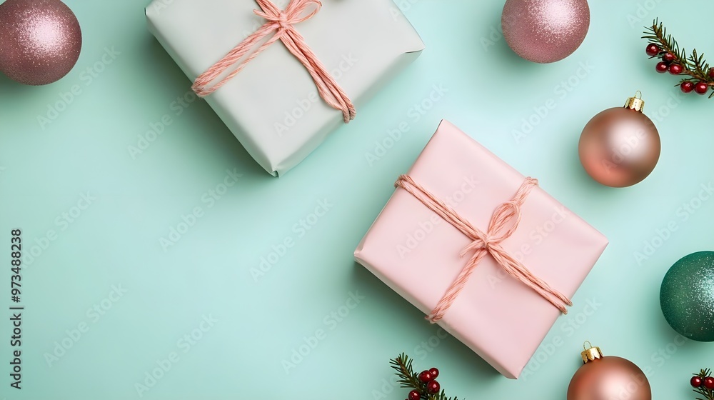 Mint Green Background with Pink and Green Christmas Ornaments Mint Green Background with Pink and Green Christmas Ornaments