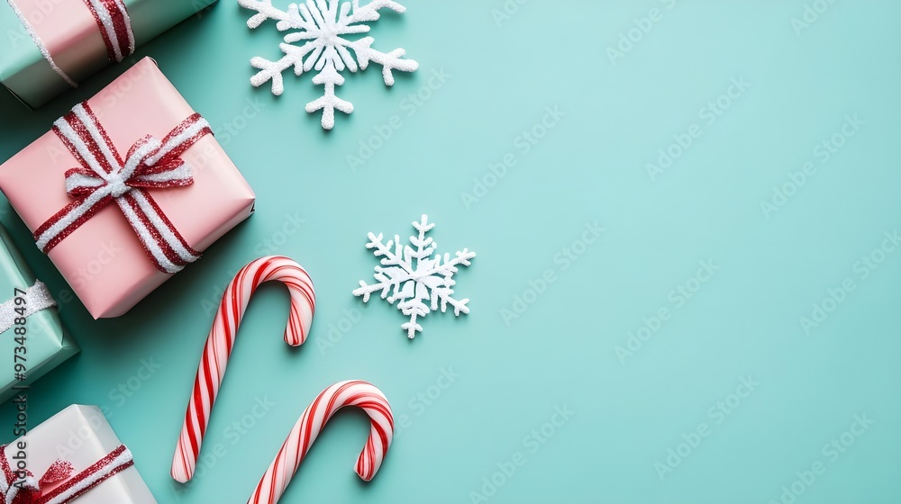 Mint Green Christmas Background with Presents & Candy Canes Mint Green Christmas Background with Presents & Candy Canes