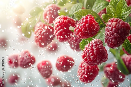 Raspberries and half slices suspended in the air with green leaves with water. Generative AI