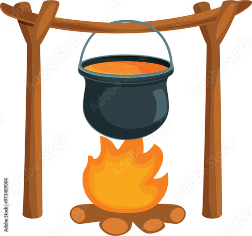 Cartoon illustration of a black cauldron hanging over a burning campfire on a wooden tripod