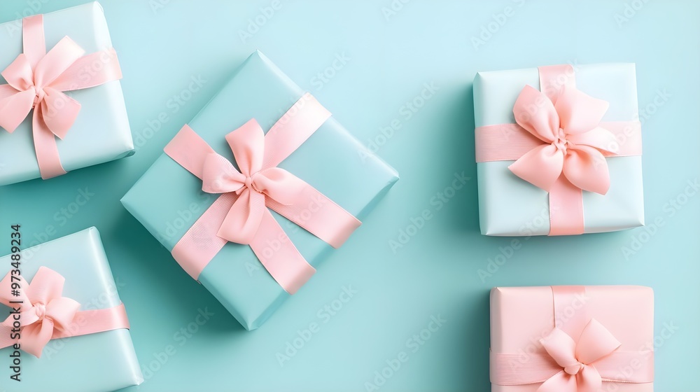 Pastel Blue Gift Boxes with Pink Bows on Mint Background Pastel Blue Gift Boxes with Pink Bows on Mint Background