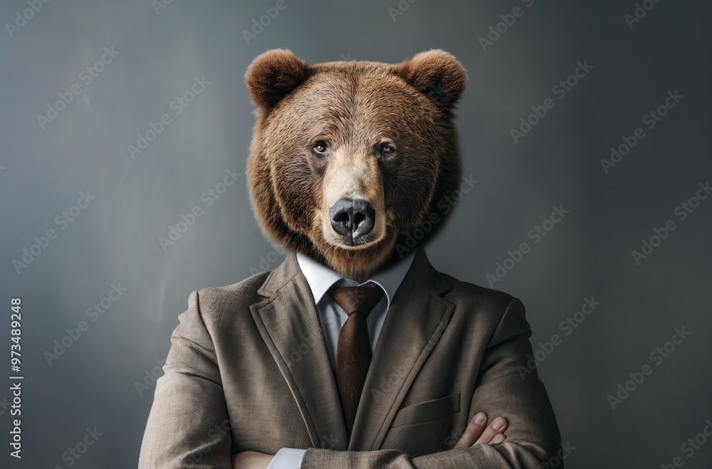 Businessman with bear head standing with folded arms Businessman with bear head standing with folded arms