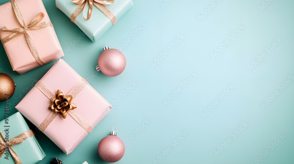Pastel Christmas Gifts & Ornaments on Blue Background Pastel Christmas Gifts & Ornaments on Blue Background