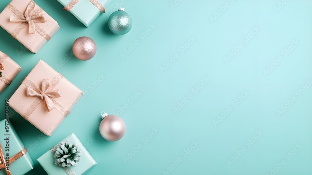 Pastel Christmas Gifts & Ornaments on Turquoise Background Pastel Christmas Gifts & Ornaments on Turquoise Background