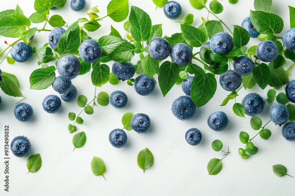 Blueberry and half slices suspended in the air with green leaves isolated on white background. Generative AI Blueberry and half slices suspended in the air with green leaves isolated on white background. Generative AI
