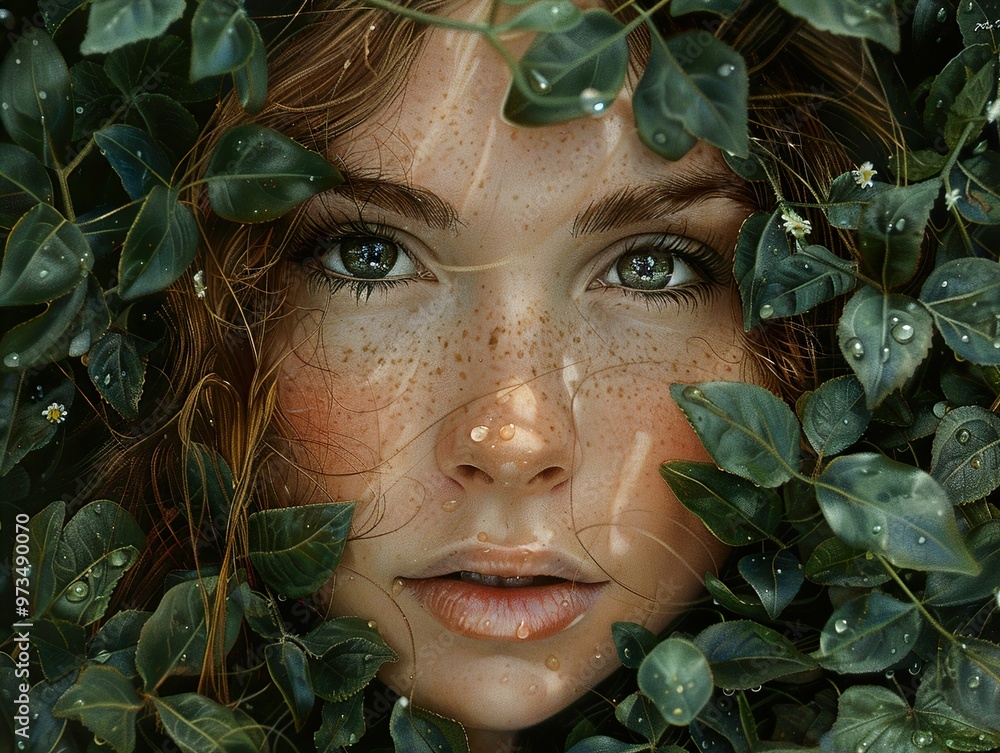 Woman's Face Hidden in Lush Greenery - A Portrait of Natural Beauty Woman's Face Hidden in Lush Greenery - A Portrait of Natural Beauty