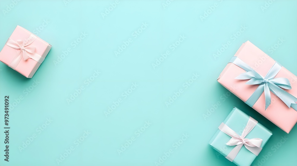 Pastel Pink & Blue Gift Boxes on Turquoise Background Pastel Pink & Blue Gift Boxes on Turquoise Background